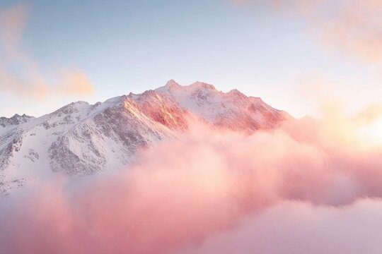 Majestic snow-capped mountain peak emerging from a sea of pastel pink clouds at sunrise