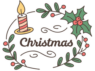 Festive Christmas Wreath Border Design for Holiday Projects , A charming, hand-drawn Christmas wreath graphic, perfect for invitations, cards, or social media posts.