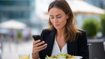 A business traveler enjoying a meal outdoors while browsing social media on a phone casual smart outfit with modern accessories dynamic urban background blurred to highlight the