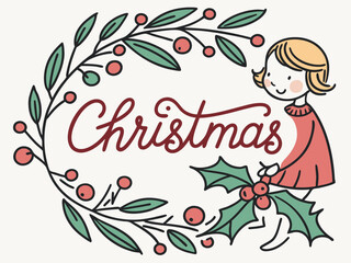 Festive Christmas Wreath Border Design for Holiday Projects , A charming, hand-drawn Christmas wreath graphic, perfect for invitations, cards, or social media posts.