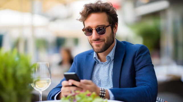 A business traveler enjoying a meal outdoors while browsing social media on a phone casual smart outfit with modern accessories dynamic urban background blurred to highlight the