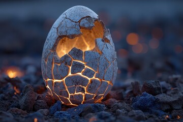 Cracked eggshell glows, sitting on dark rocks with blurred lights in background. It is perfect for representing new beginnings, or hatching an idea.