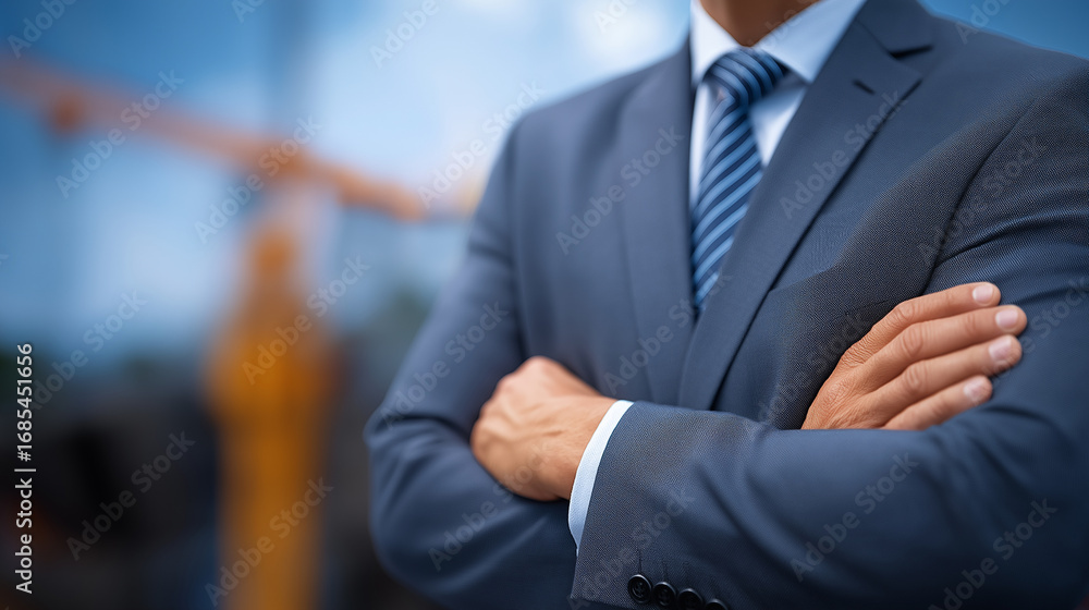 Poster a confident property developer standing with arms crossed gazing with authority dressed in a sharp s