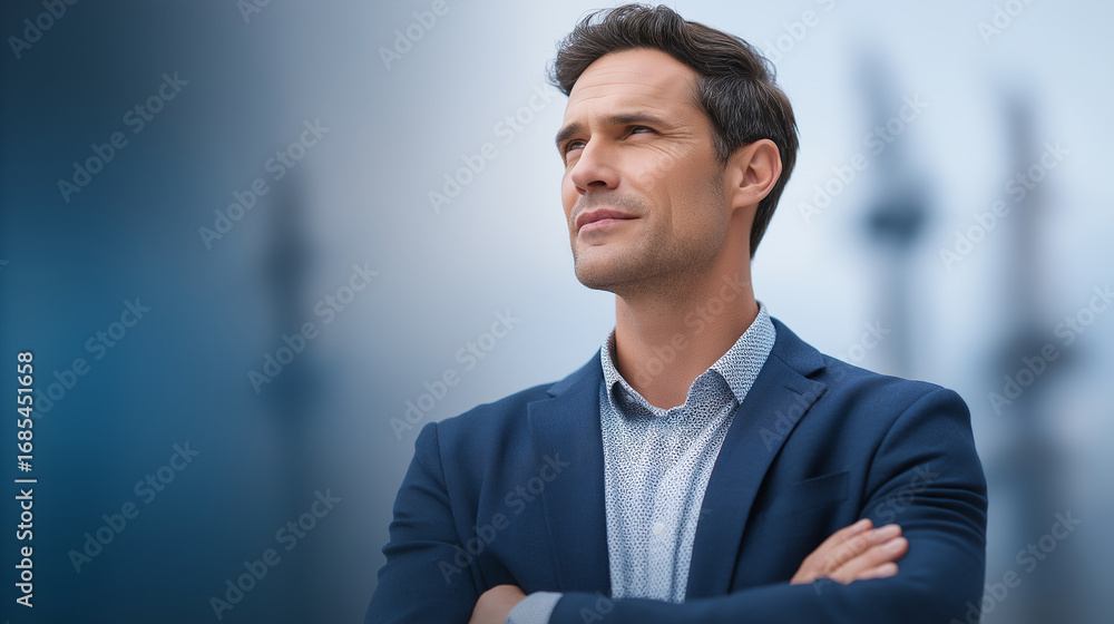 Poster a confident property developer standing with arms crossed gazing with authority dressed in a sharp s