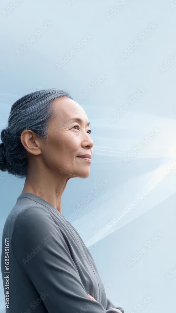Poster multiple images of a senior woman, possibly a scientist or engineer, looking towards flowing lines r