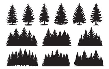 Obraz premium Diverse evergreen tree silhouettes collection for natural landscape designs and forest scenes white background