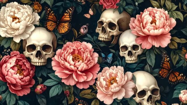 Skulls and flowers dark floral design
