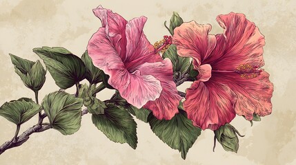 Vintage Woodcut Engraved Hibiscus Flowers Illustration