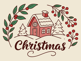 Festive Christmas Wreath Border Design for Holiday Projects , A charming, hand-drawn Christmas wreath graphic, perfect for invitations, cards, or social media posts.