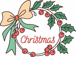 Festive Christmas Wreath Border Design for Holiday Projects , A charming, hand-drawn Christmas wreath graphic, perfect for invitations, cards, or social media posts.