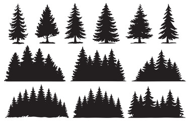 Obraz premium Collection of diverse evergreen pine tree silhouettes for natural landscape design elements white background