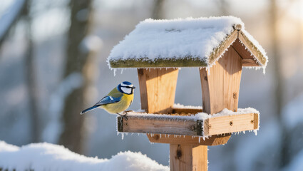 Naklejka premium Christmas winter scene with blue tit bird on wooden feeder covered in snow, peaceful forest background, wildlife in cold season