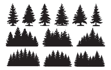 Obraz premium Collection of silhouetted evergreen trees and forest scenes for outdoor and nature designs white background