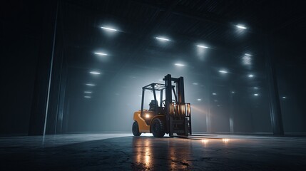 Forklift in Dimly Lit Warehouse with Dramatic Shadows and Fog
