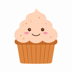 Happy cartoon cupcake with pink frosting.