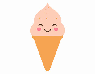 Cute smiling ice cream cone with happy face and rosy cheeks.