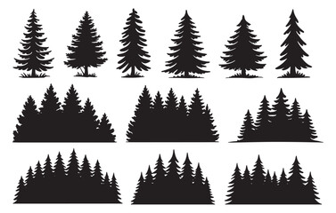 Obraz premium Collection of stylized evergreen pine tree silhouettes for landscape design and nature graphics white background