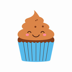 Cute cartoon cupcake character with a happy smiling face.