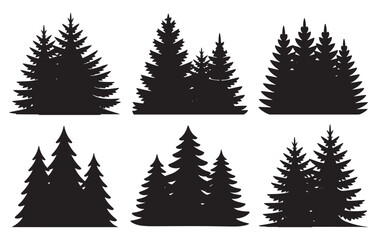 Fototapeta premium Silhouette pine tree groupings forest landscape nature elements decorative set white background