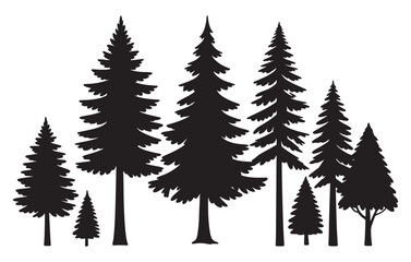 Fototapeta premium Diverse silhouette evergreen trees forest woodland nature landscape collection white background