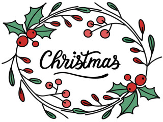 Festive Christmas Wreath Border Design for Holiday Projects , A charming, hand-drawn Christmas wreath graphic, perfect for invitations, cards, or social media posts.