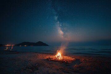 Bonfire on the beach under the Milky Way galaxy night sky. Ideal for travel, nature and relaxation themed visuals.