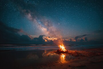 Bonfire on a beach under a starry night sky with the Milky Way overhead. Perfect for travel, adventure, or night scene related projects.