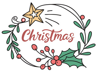 Festive Christmas Wreath Border Design for Holiday Projects , A charming, hand-drawn Christmas wreath graphic, perfect for invitations, cards, or social media posts.