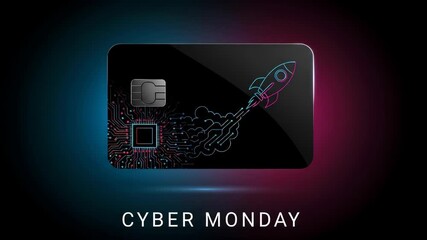 Cyber monday promotion with futuristic credit card animation in neon glow