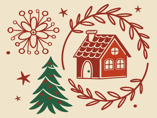 Festive Christmas Wreath Border Design for Holiday Projects , A charming, hand-drawn Christmas wreath graphic, perfect for invitations, cards, or social media posts.