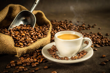 espresso with coffee beans burlap sack