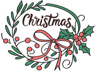 Festive Christmas Wreath Border Design for Holiday Projects , A charming, hand-drawn Christmas wreath graphic, perfect for invitations, cards, or social media posts.