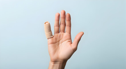 Human Hand with Bandaged Finger Against Light Blue Background Medical Concept First Aid