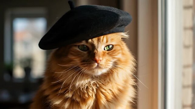A charming ginger cat wearing a black beret stands near a window, bathed in gentle sunlight
