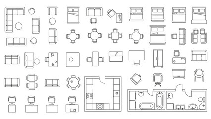Furniture Outline Top View Icons Set | Thin Line Floor Plan Symbols for Interior and Architectural Design