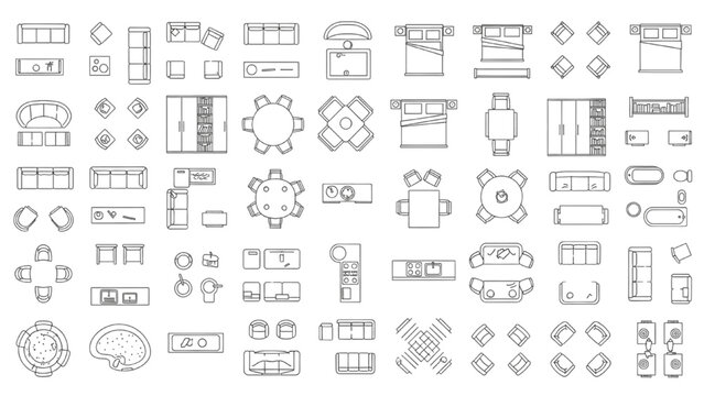 Furniture Outline Top View Icons Set | Thin Line Floor Plan Symbols for Interior and Architectural Design
