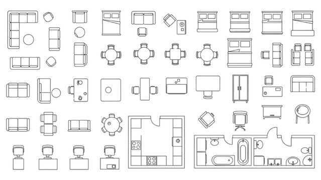 Furniture Outline Top View Icons Set | Thin Line Floor Plan Symbols for Interior and Architectural Design