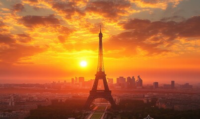 Sunrise view of the Eiffel Tower over Paris cityscape