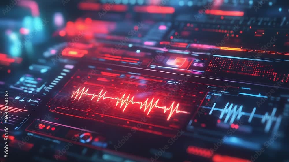 Poster futuristic interface displaying vital signs and data analysis
