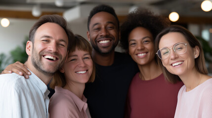 Fototapeta premium A joyful creative media team embracing in an office setting cheerful expressions and open body language showing solidarity bright interior lighting with modern décor in the