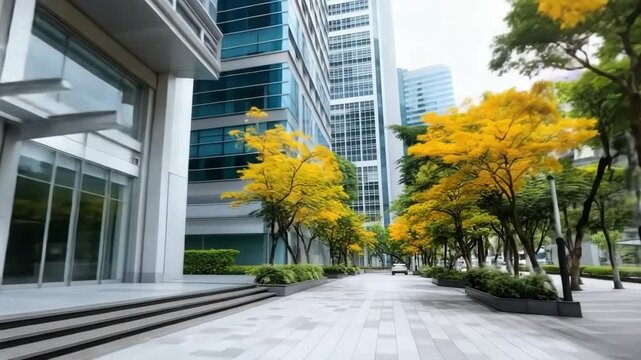 Modern urban landscape with vibrant yellow trees lining the walkway in a bustling city center on a sunny afternoon