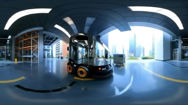 An immersive interior scene showcases a sleek vehicle, reflecting the surrounding architecture within a modern, illuminated space, creating a futuristic ambiance.