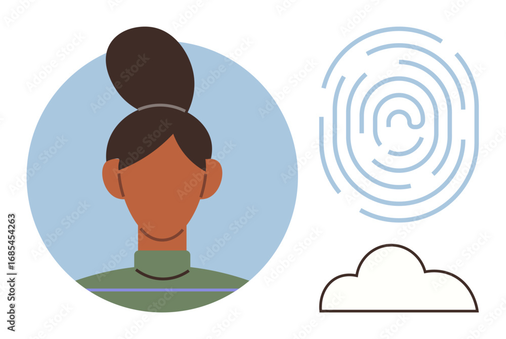 Poster womans minimalistic portrait and digital fingerprint paired with a cloud outline. ideal for technolo