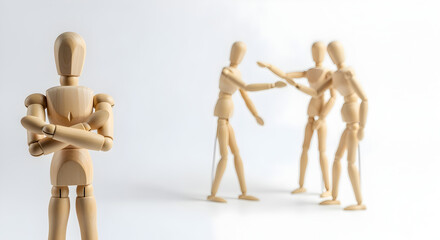 Isolated Wooden Mannequin Standing Apart from Group in a Discussion on a White Background