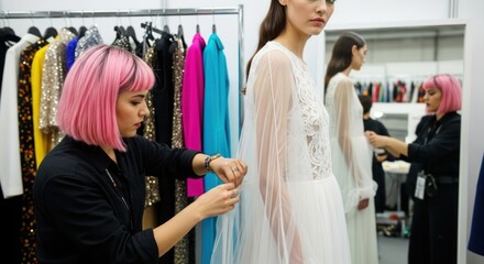 A woman with pink hair styling a model in a bridal gown.