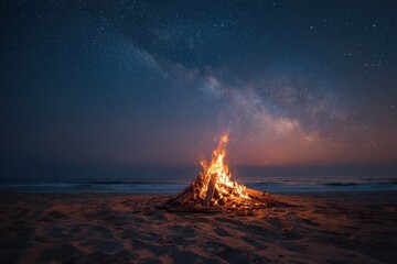 Beach campfire burns under starry night, ocean waves in background. Use it to show relaxation, friendship, or peace in nature.