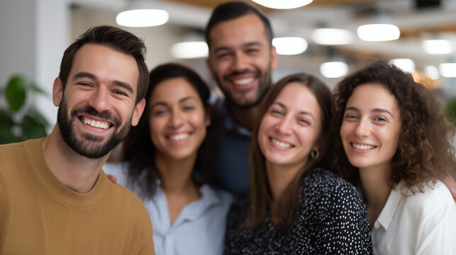 A joyful creative media team embracing in an office setting cheerful expressions and open body language showing solidarity bright interior lighting with modern décor in the
