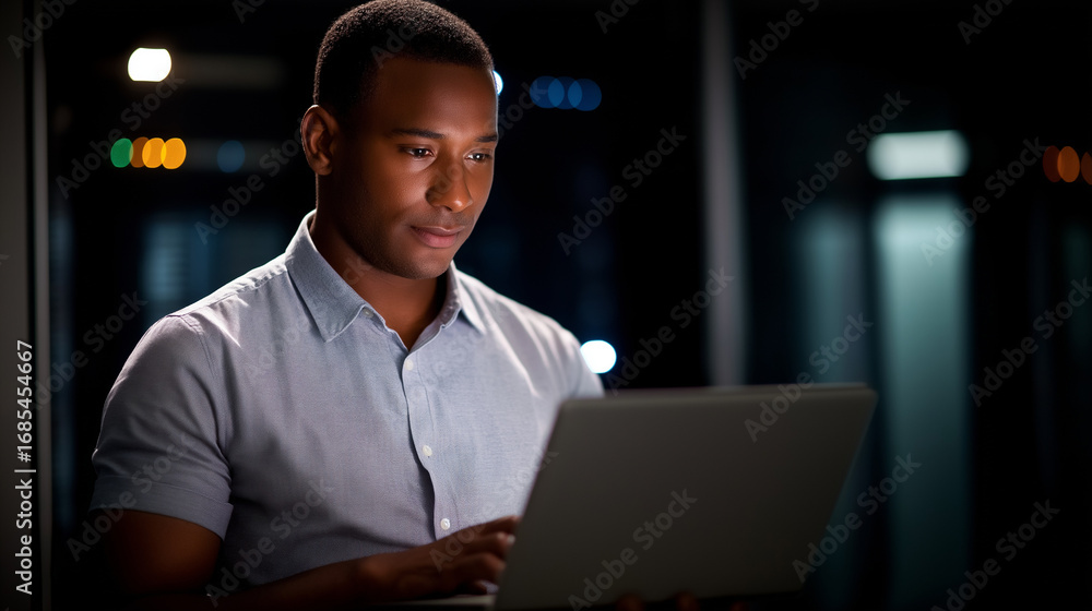 Poster a technician inside a server room monitoring a laptop glowing racks of servers illuminating the dark