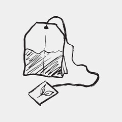 Hand drawn tea bag illustration with tag on thread. Vector sketch illustration in vintage style. Hot drink equipment. Crayon doodle drawing