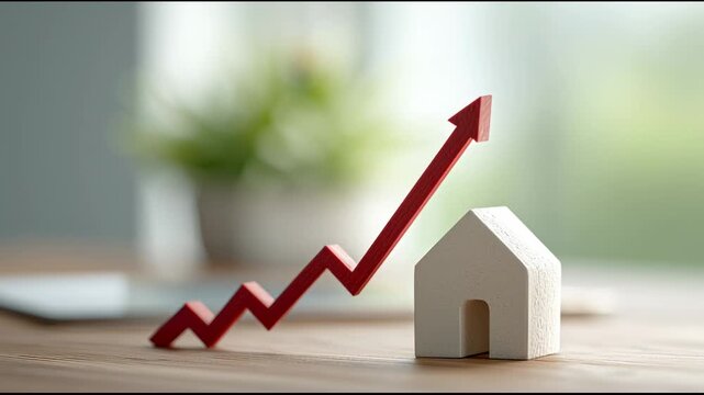 Miniature white house standing firm as red arrow rising, representing dynamic growth and increasing property values within competitive real estate market landscape